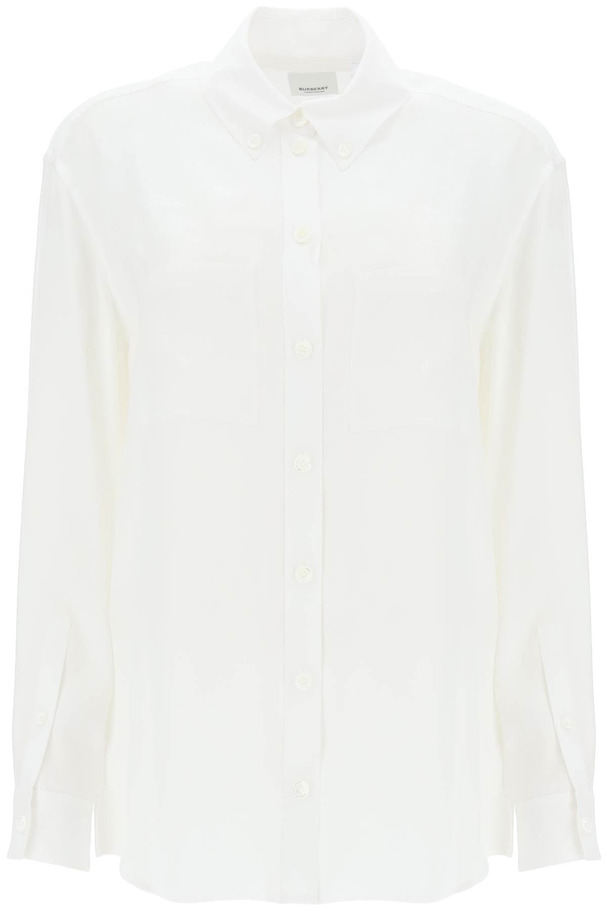 Shop Burberry Fluid Silk Twill Shirt With Tonal Jacquard Ekd Pattern For Women In White