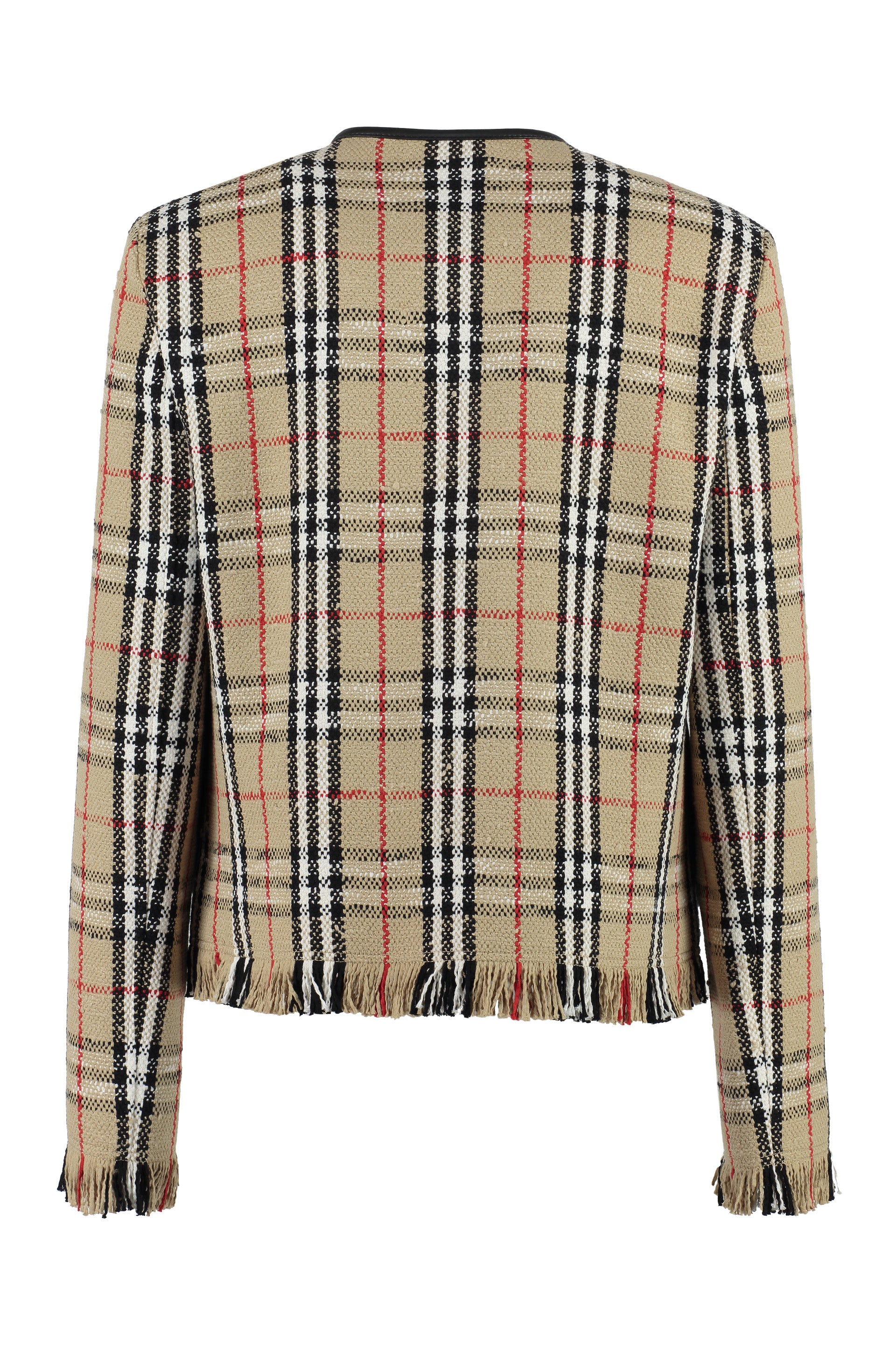 Shop Burberry Beige Checkered Jacket With Leather Trim And Fringed Hemline In Tan