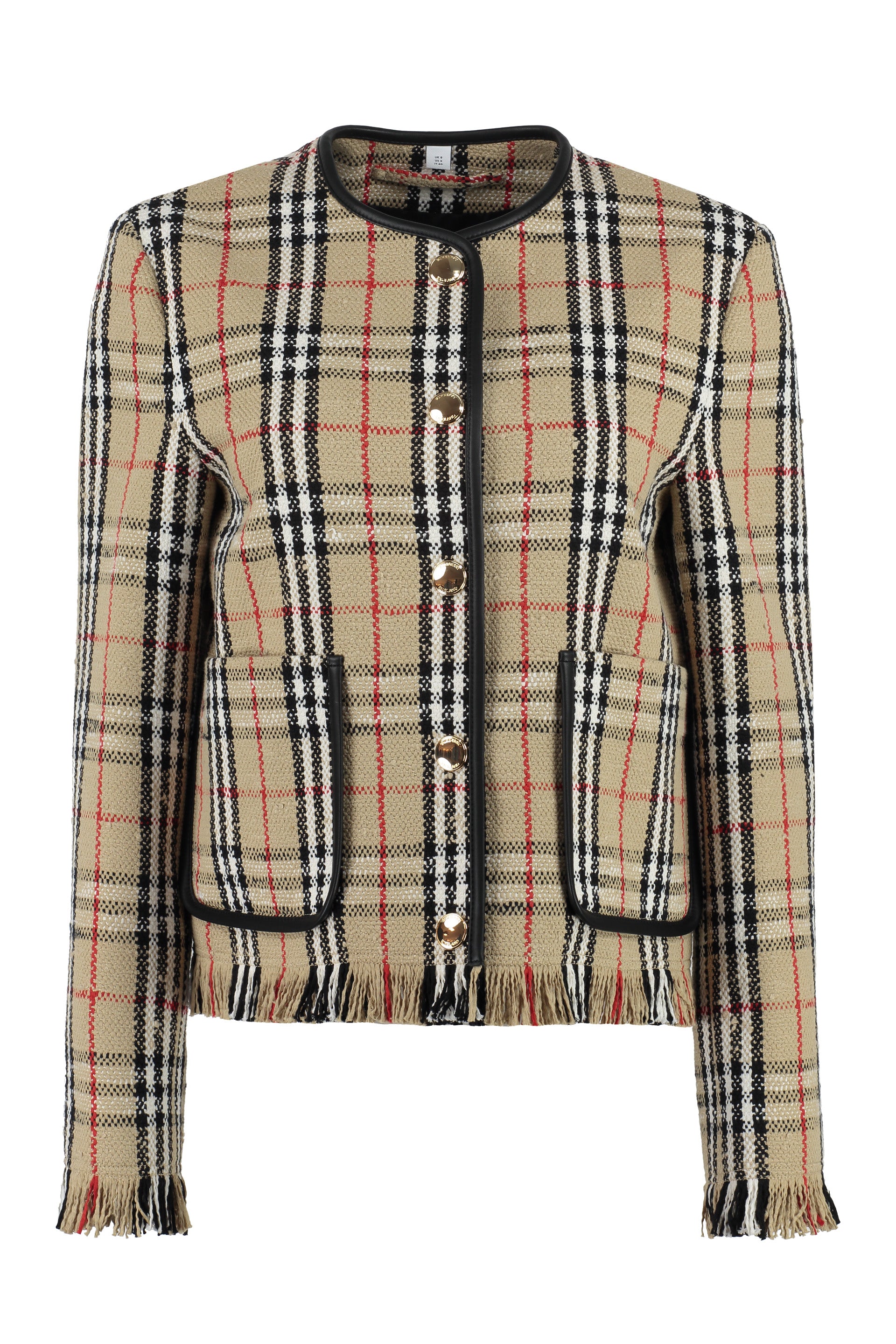 Shop Burberry Beige Checkered Jacket With Leather Trim And Fringed Hemline In Tan