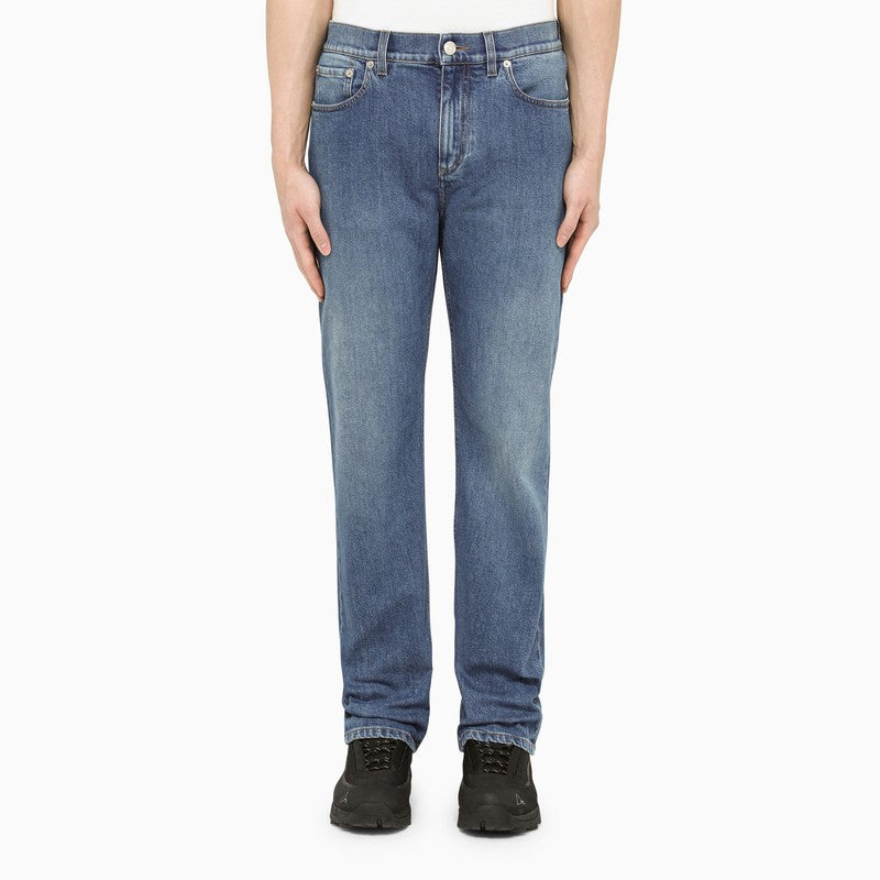 Shop Burberry Men's Blue Denim Regular Jeans With Washed Effect And Leather Detail