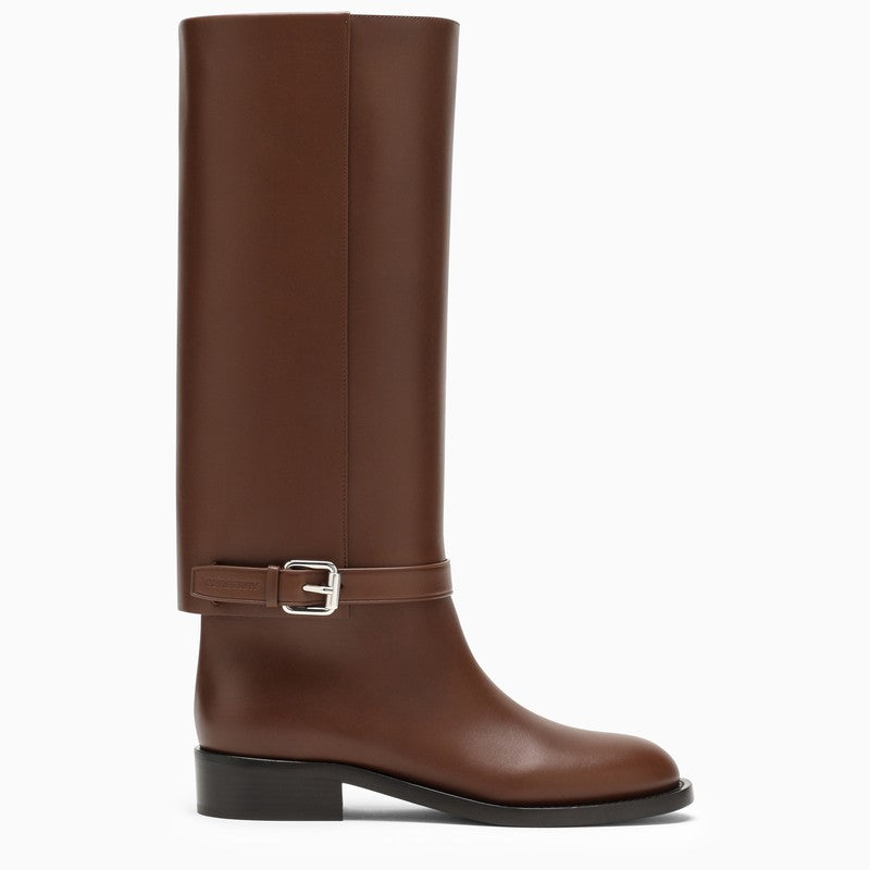 Shop Burberry Women's Brown High Leather Boots With Round Toe And Buckle Detail In Fw23 Season