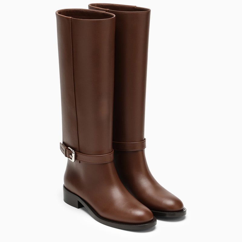 Shop Burberry Women's Brown High Leather Boots With Round Toe And Buckle Detail In Fw23 Season