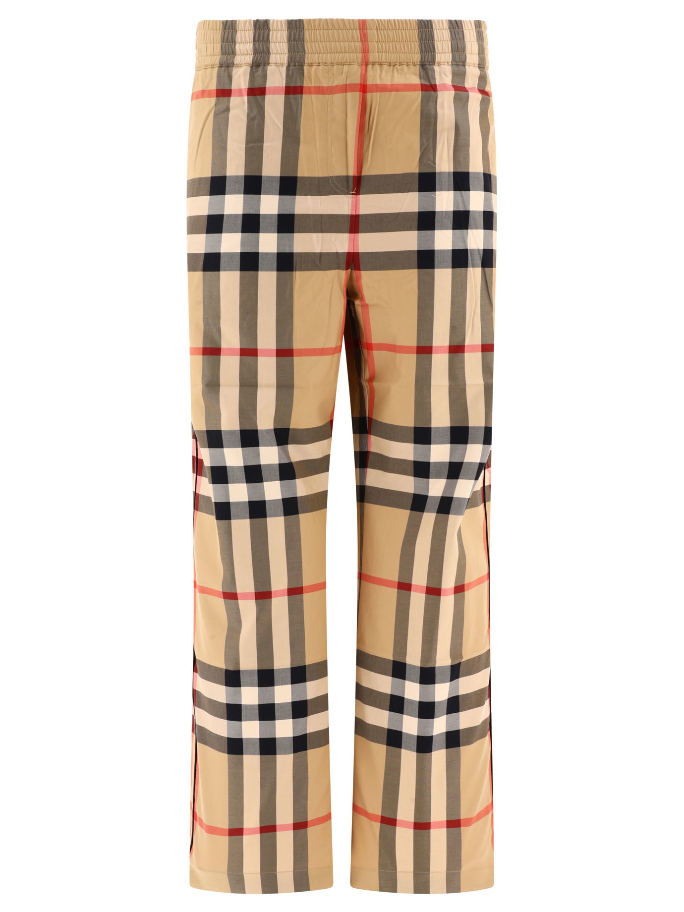 Shop Burberry Beige Check Cotton Twill Trousers For Women