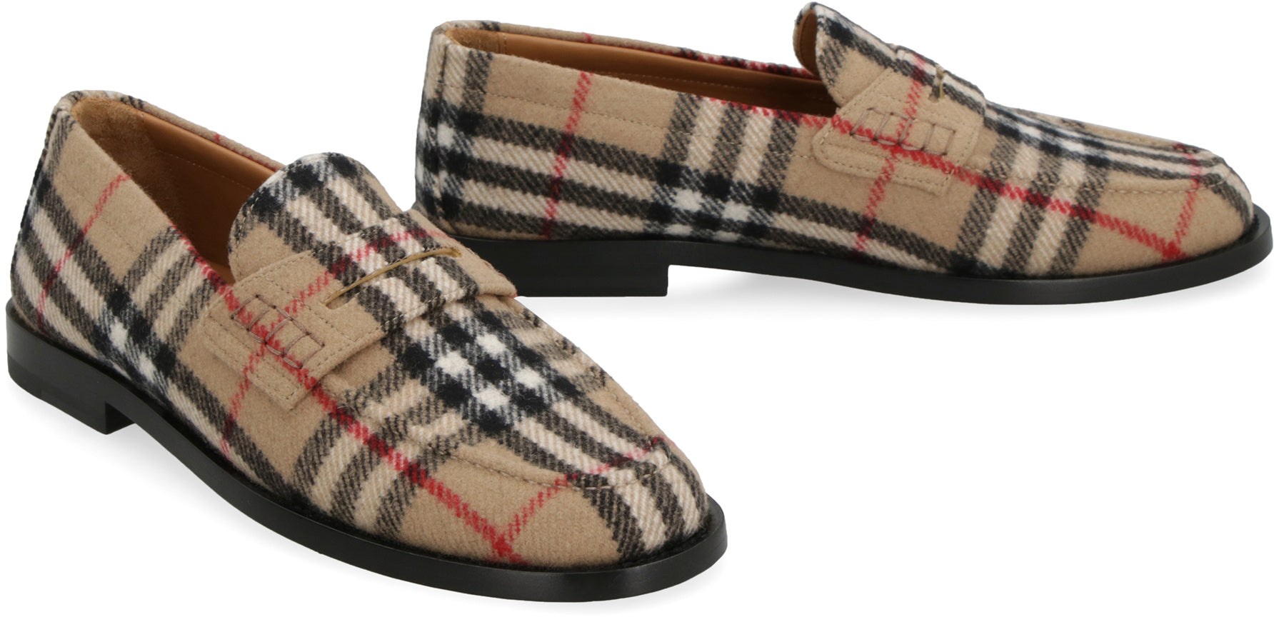 Shop Burberry Women's Beige Wool Loafers With Check Motif And Almond Shaped Toe In Tan