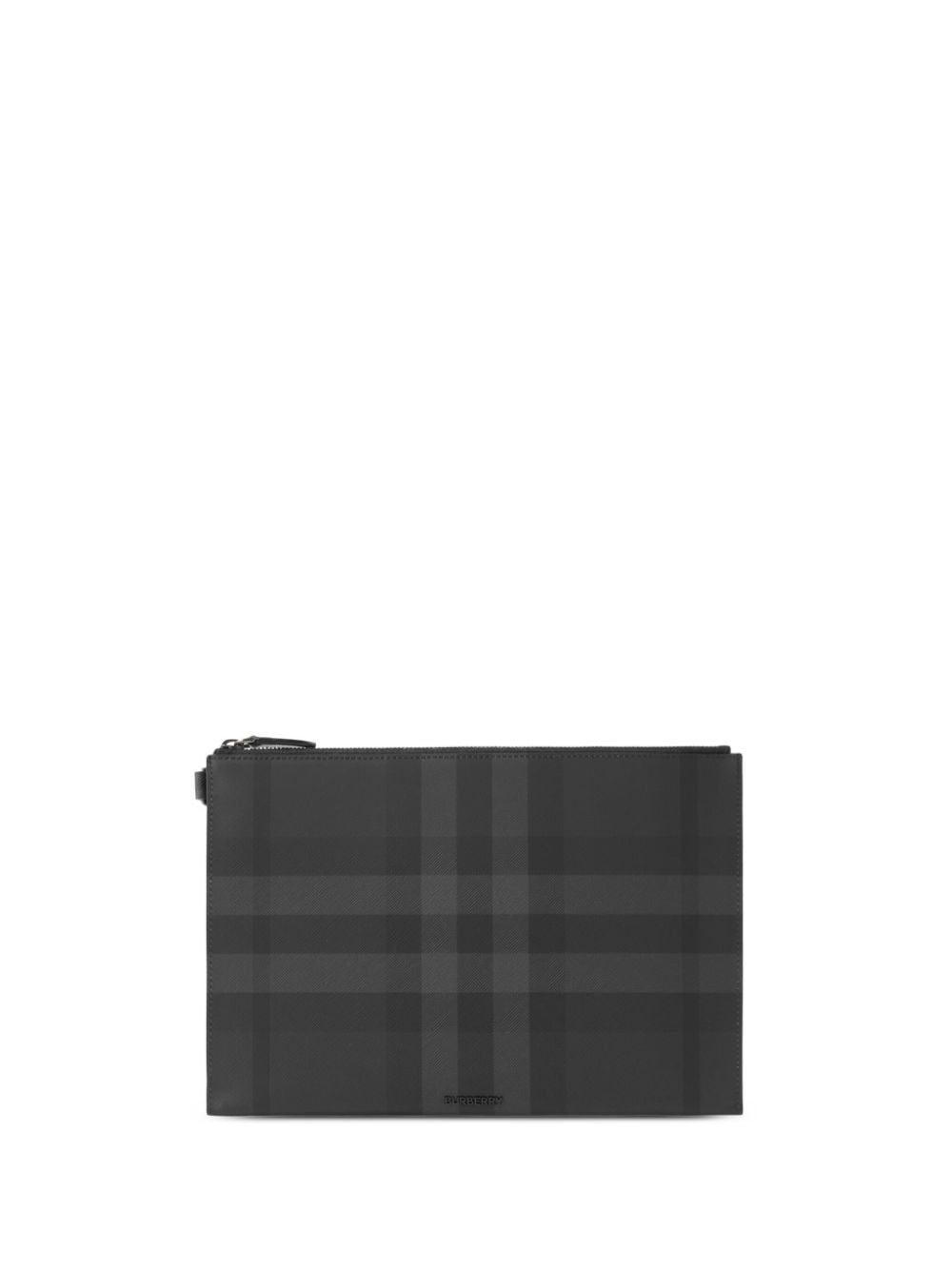 Shop Burberry Charcoal Grey Checkered Zipped Pouch Handbag For Men