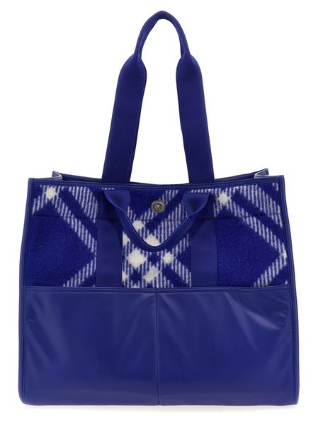 Shop Burberry Luxury Raffia And Leather Handbag With Signature Check Pattern In Blue