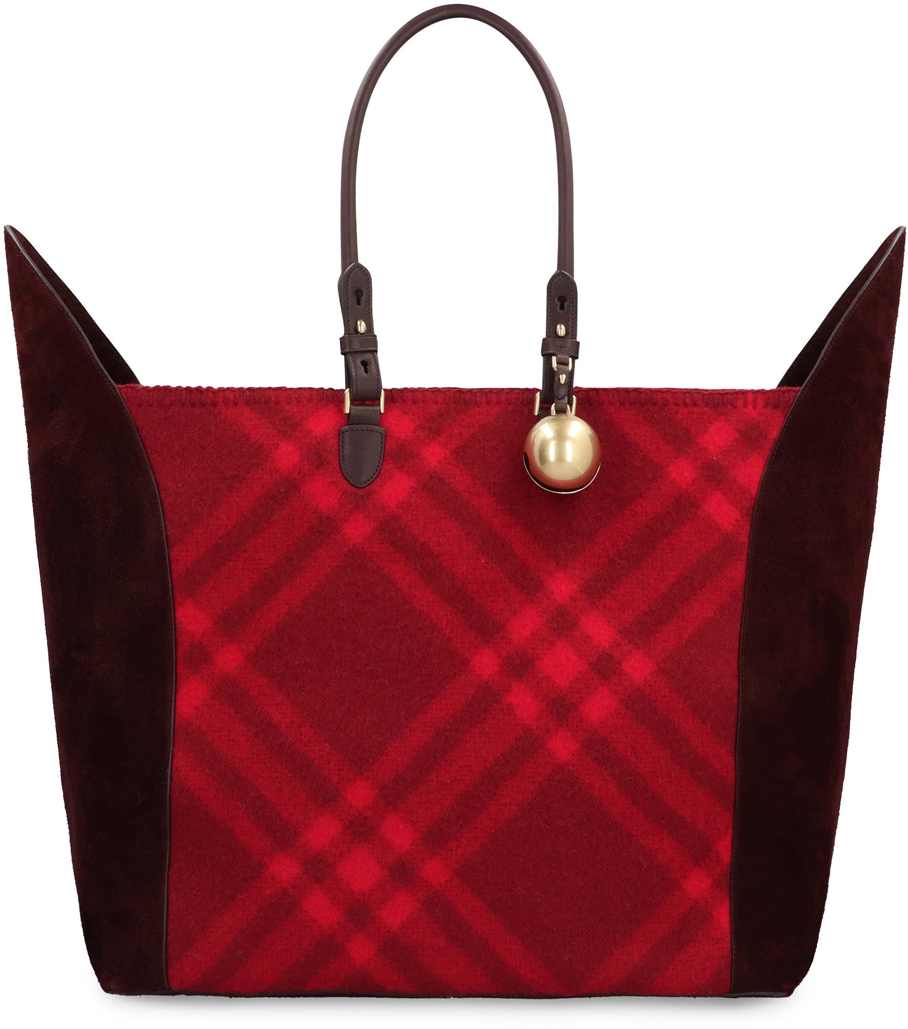 Shop Burberry Large Red Tote With Suede Inserts And Check Design, Charm Detail, And Gold-tone Accents