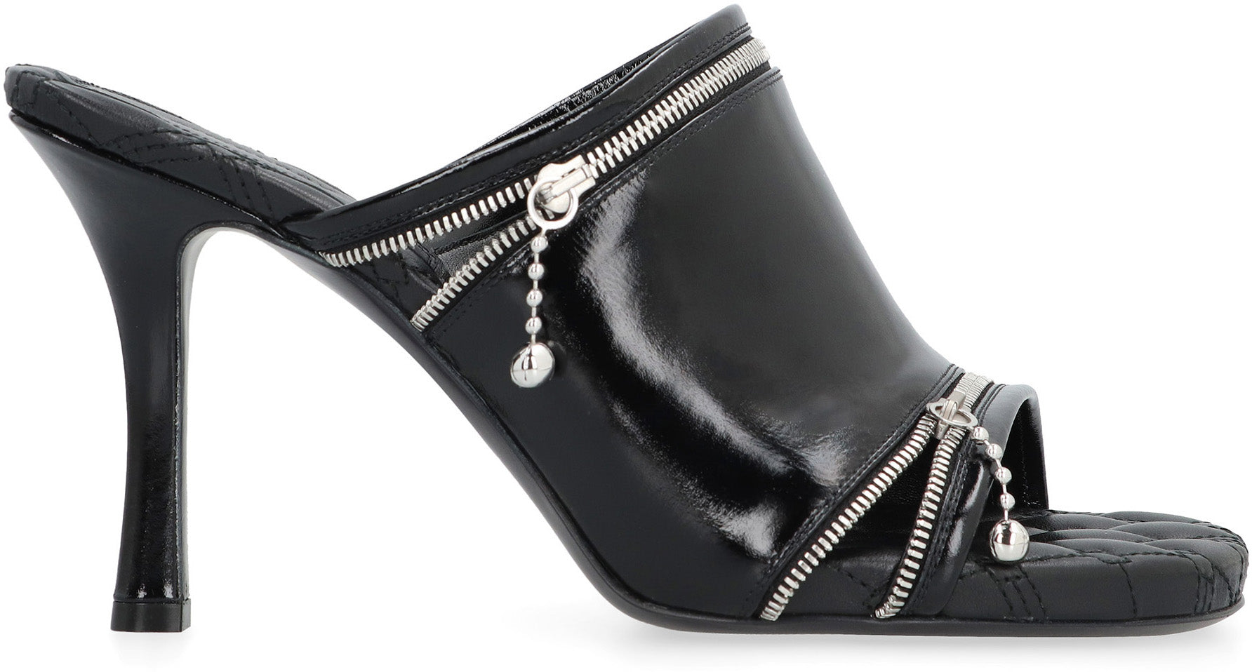 Shop Burberry Black Shiny Leather Square Toe Sandal With Decorative Zips, High Stiletto Heel, Equestrian Logo Inso