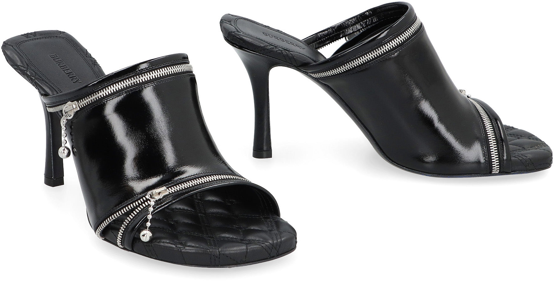 Shop Burberry Black Shiny Leather Square Toe Sandal With Decorative Zips, High Stiletto Heel, Equestrian Logo Inso