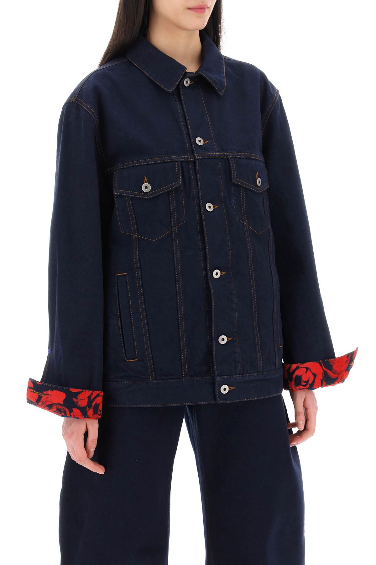 Shop Burberry Navy Denim Jacket With Single-button Foldable Cuffs & Flocked Floral Print In Blue