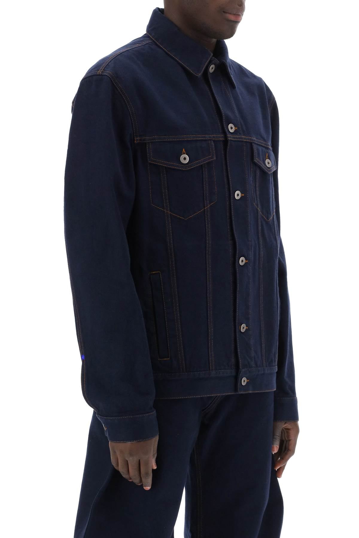 Shop Burberry Navy Denim Jacket With Floral Print Cuffs For Men In Blue