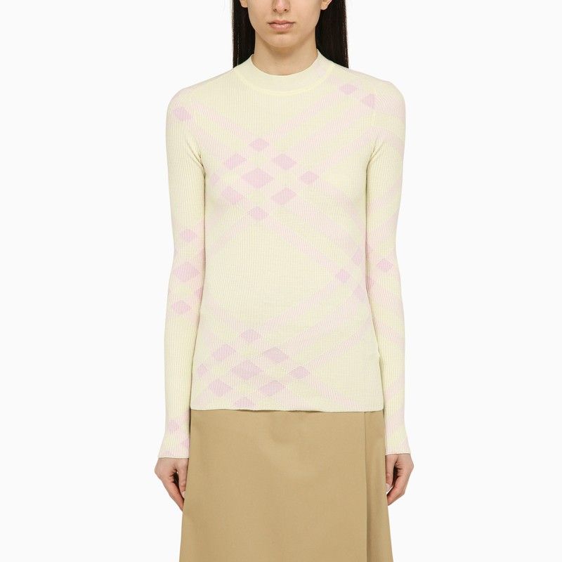 Shop Burberry Pink Check Pattern Wool Crew Neck Sweater For Women