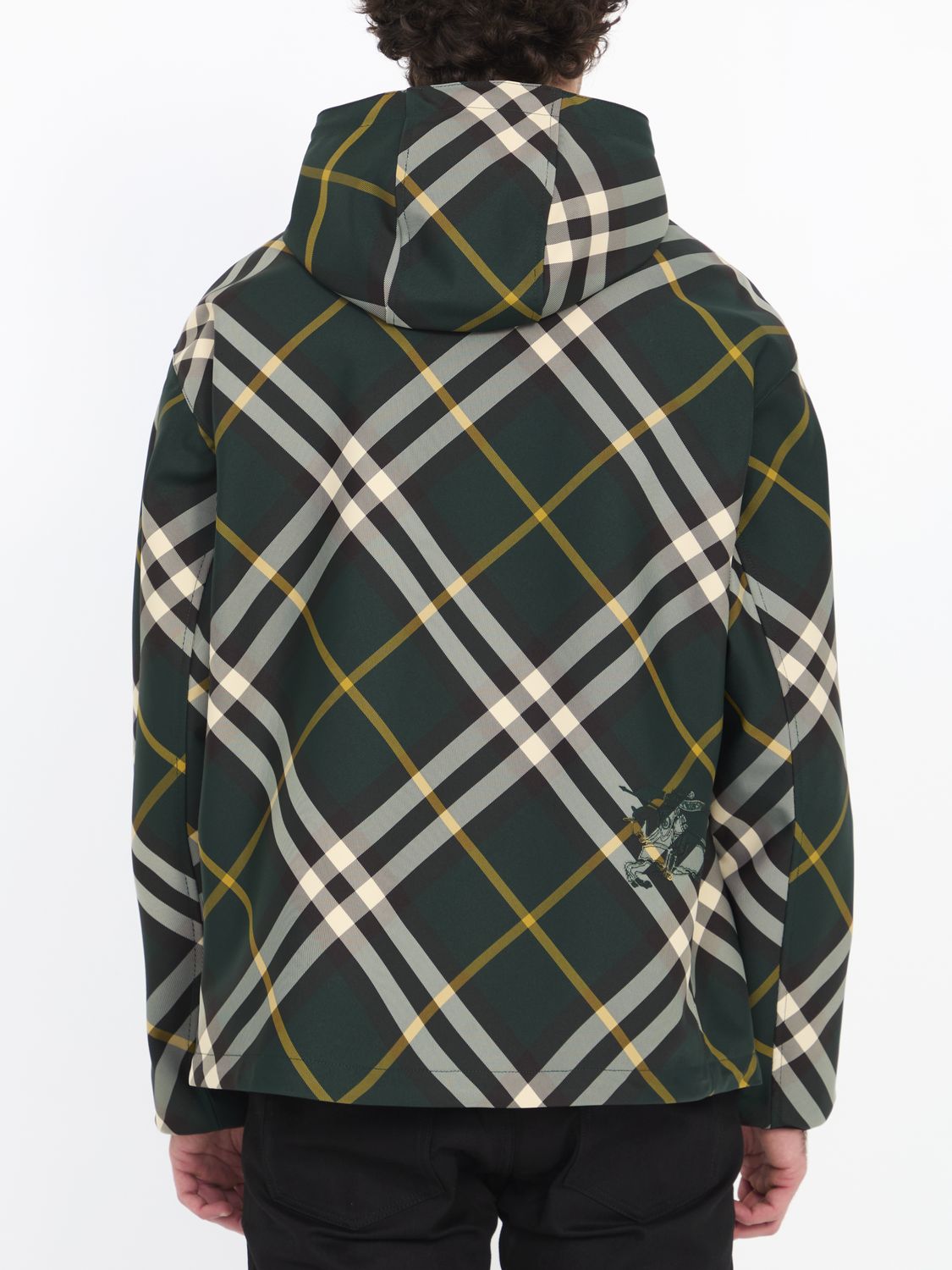 Shop Burberry Green Embroidered Jacket With Equestrian Logo And Check Pattern For Men
