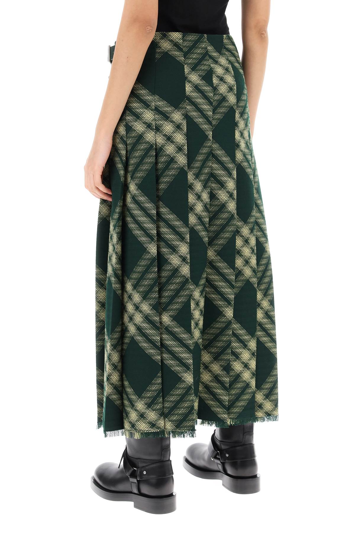 Shop Burberry Forest Green And Yellow Wool Midi Skirt