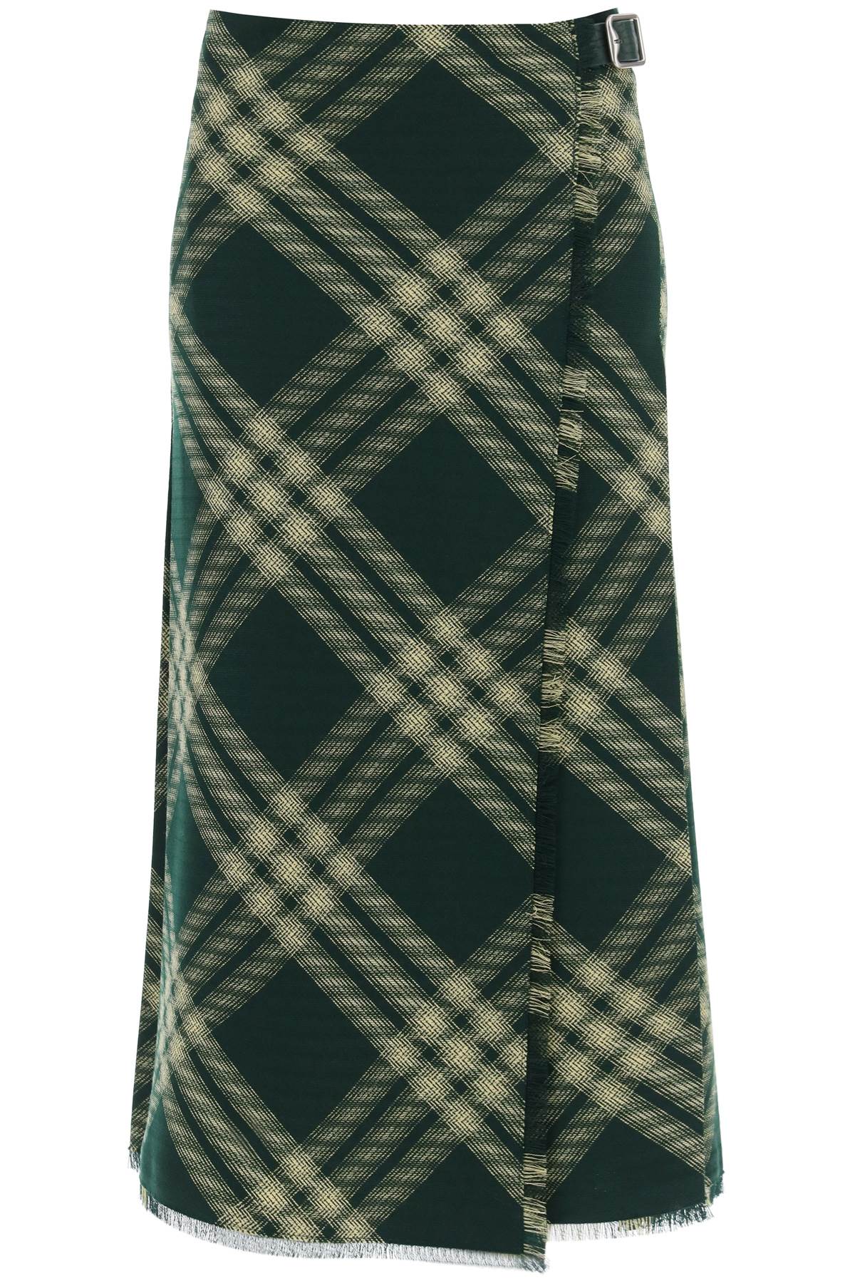 Shop Burberry Forest Green And Yellow Wool Midi Skirt