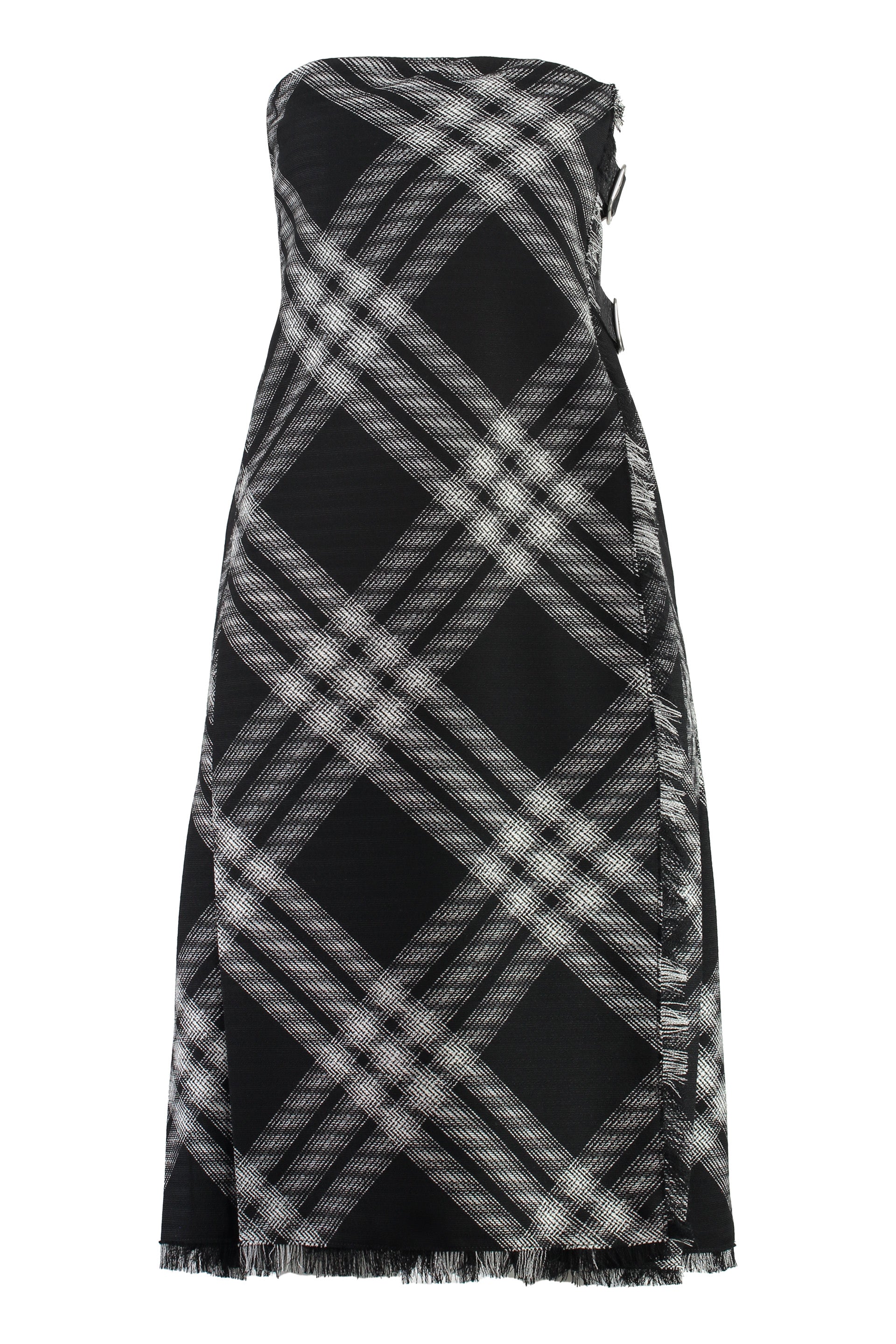 Shop Burberry Off-the-shoulder Dress With Check Motif And Fringed Edges In Black