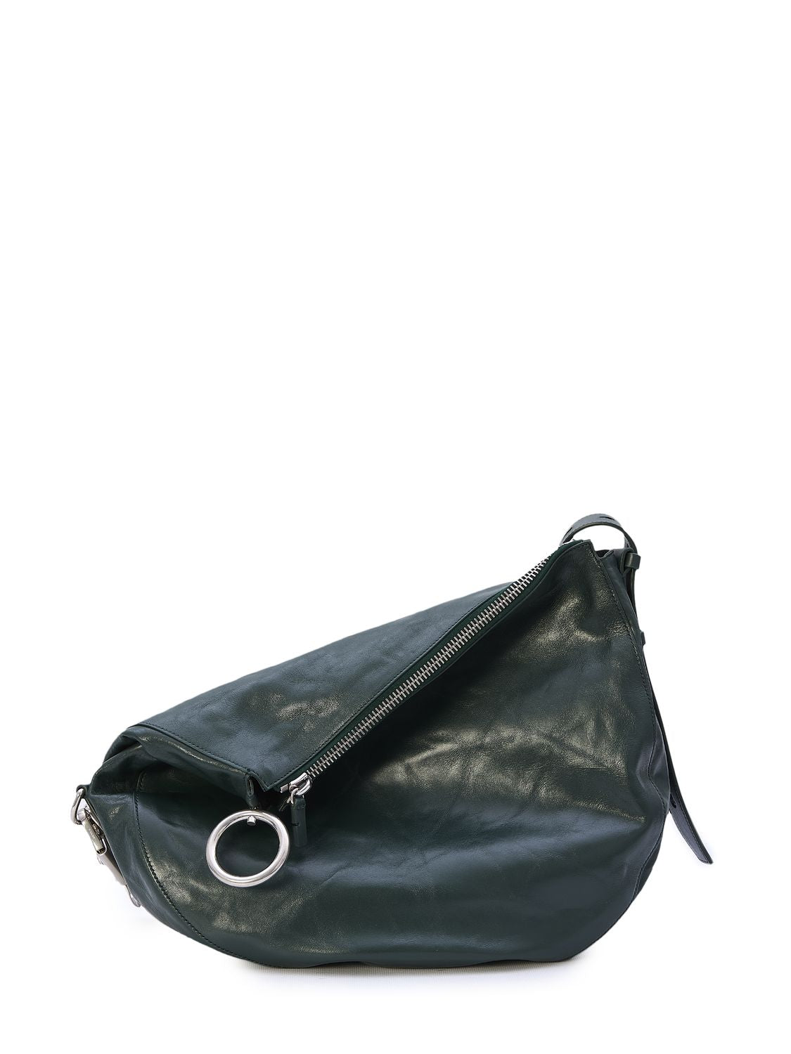 Burberry Green Medium Crinkled Calfskin Shoulder Bag With Horse-shaped Clip And Adjustable Strap