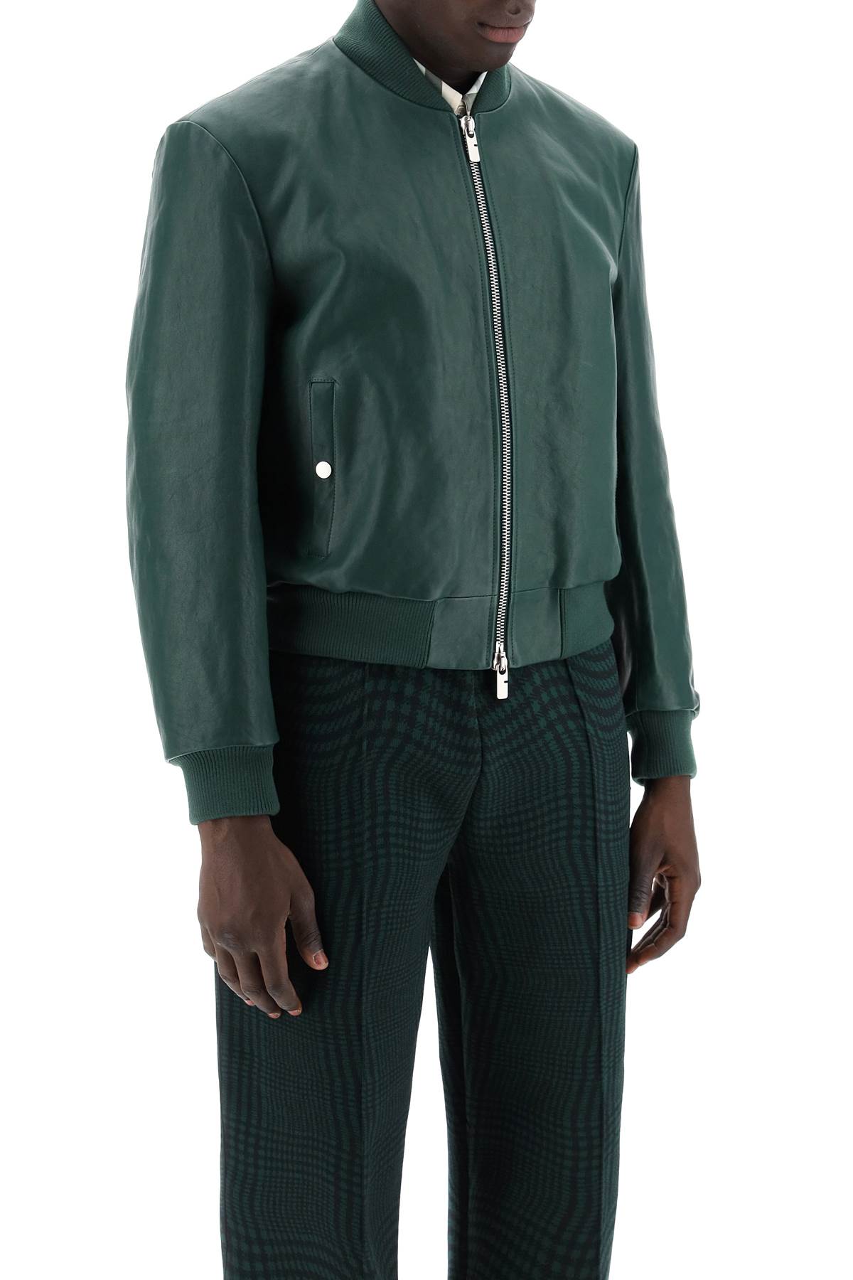 Shop Burberry Men's Burgundy Leather Bomber Jacket With Ribbed Knit Collar And Ekd Jacquard Satin Lining In Green