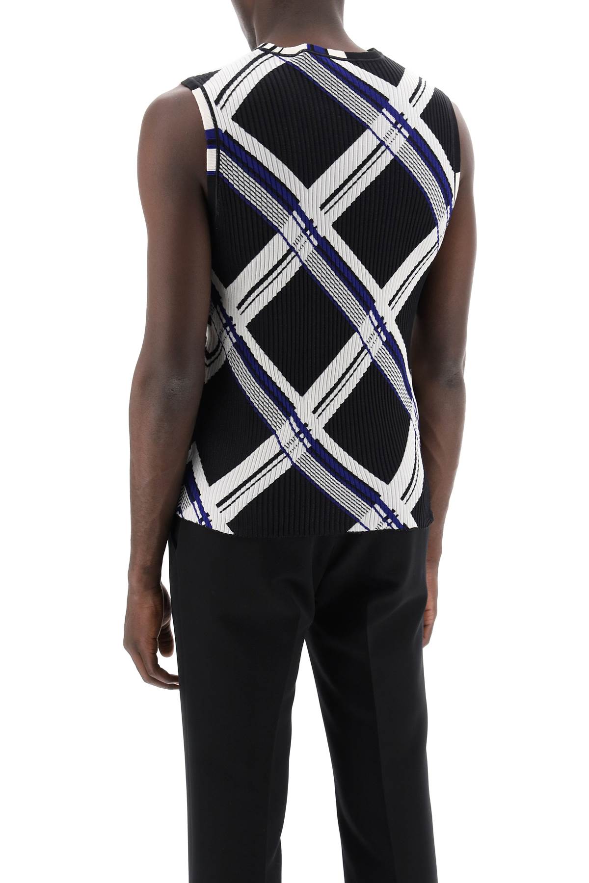 Shop Burberry Men's Sleeveless Ribbed Silk Knit Top With Jacquard Check Pattern In Black