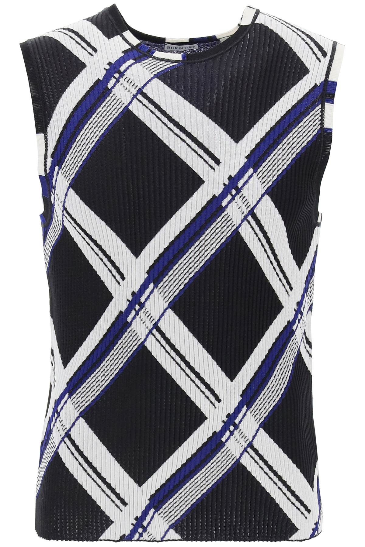Shop Burberry Men's Sleeveless Ribbed Silk Knit Top With Jacquard Check Pattern In Black