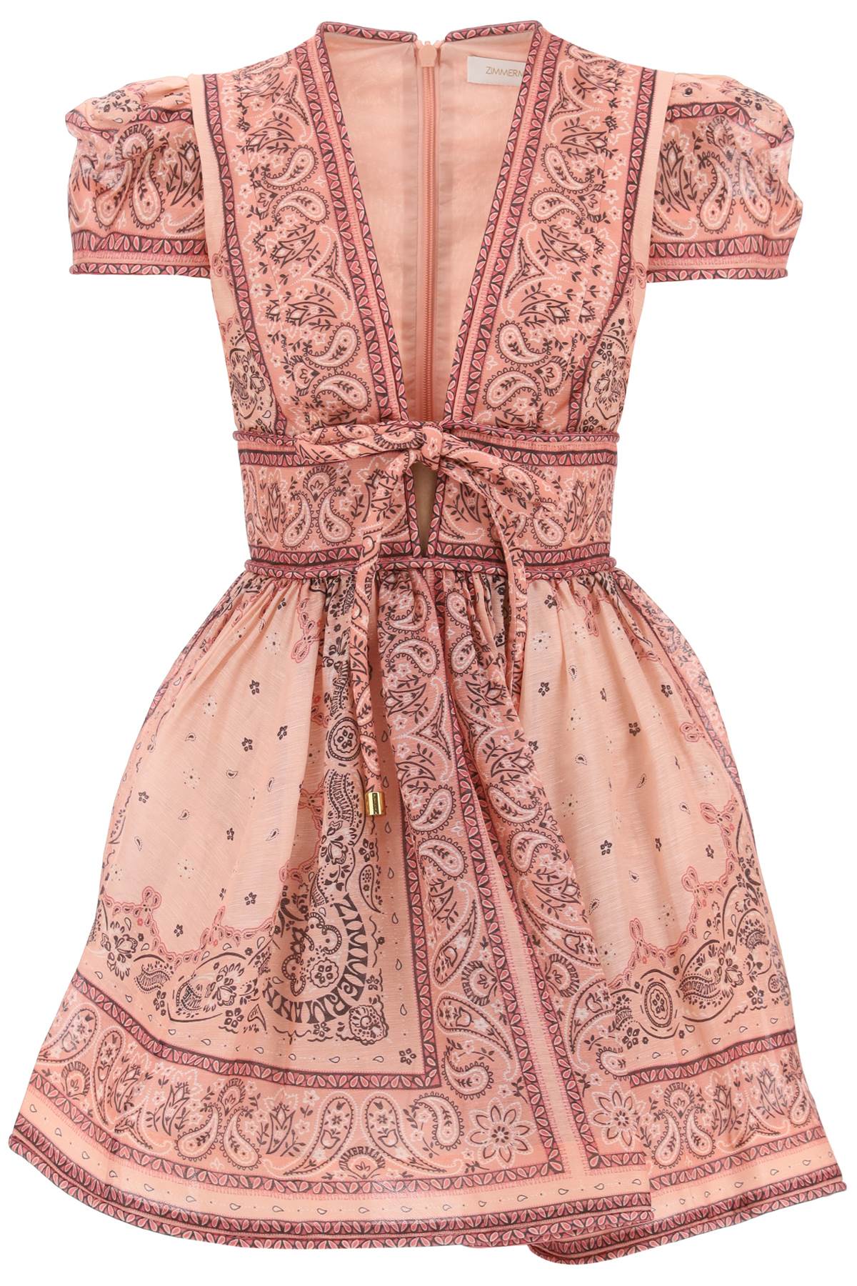 Zimmermann Pink Bandana Print Linen And Silk Mini Dress With Plunging V-neck And Bow Detailing