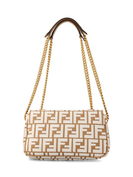 Shop Fendi Raffia And Leather Baguette Chain Shoulder Handbag In Tan