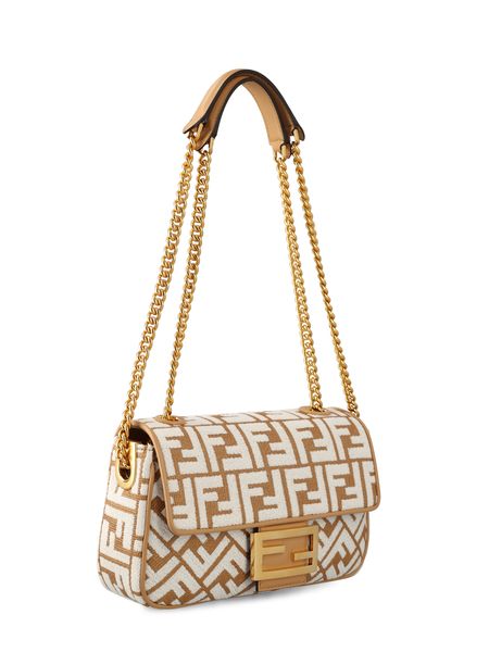 Shop Fendi Raffia And Leather Baguette Chain Shoulder Handbag In Tan