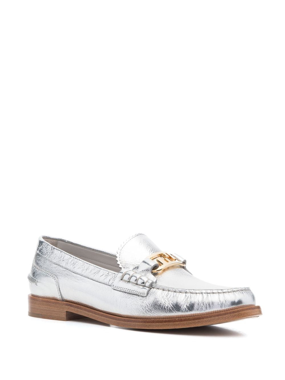 Shop Fendi Silver Metallic Slip On Loafers For Women
