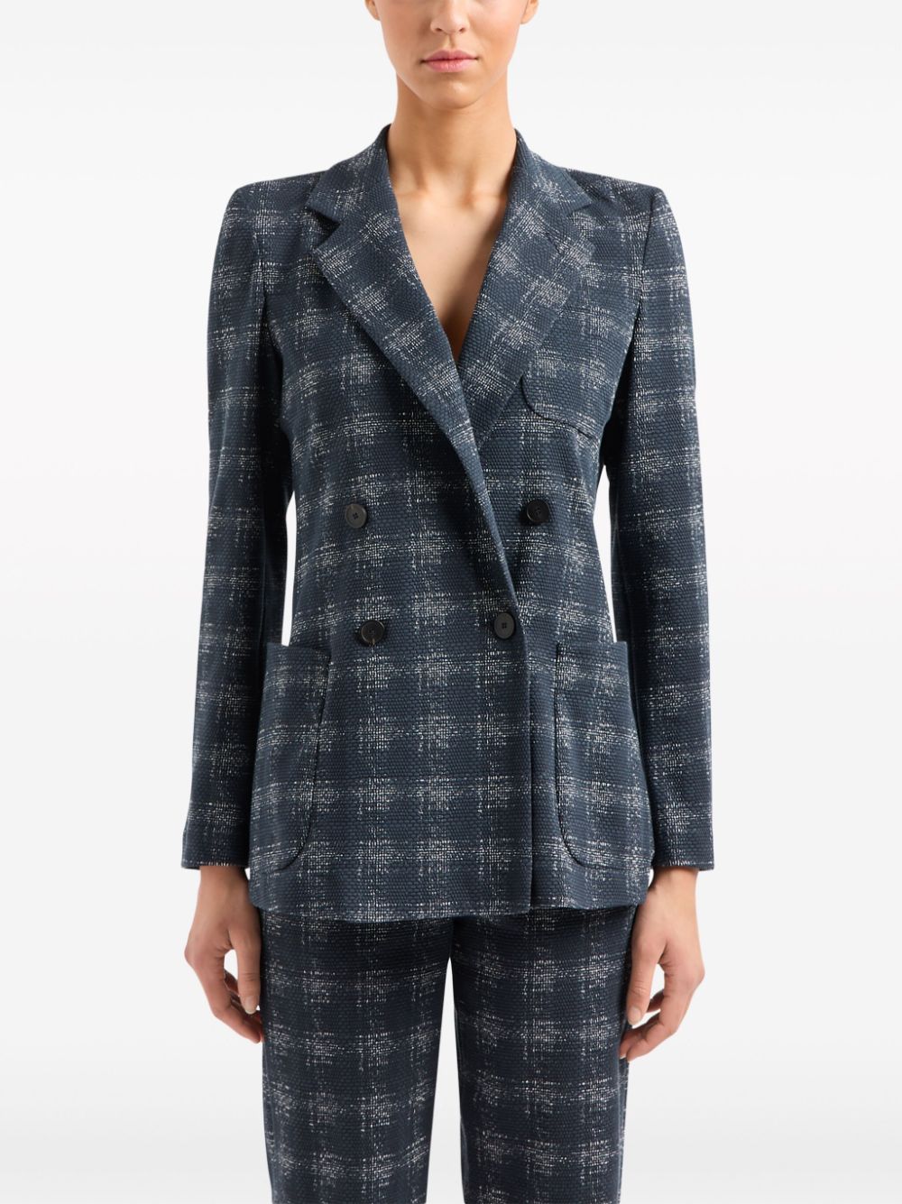 Shop Emporio Armani Navy Blue Stretch Blazer Jacket With Check Pattern And Notched Lapels For Women