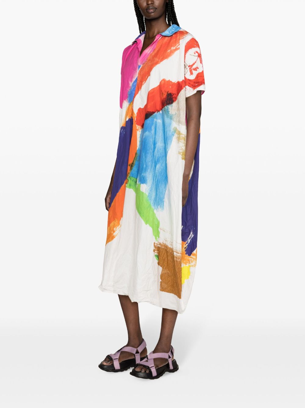 Shop Daniela Gregis Abstract Print Cotton Dress With Detachable Waist Belt And V-neck In Multicolour