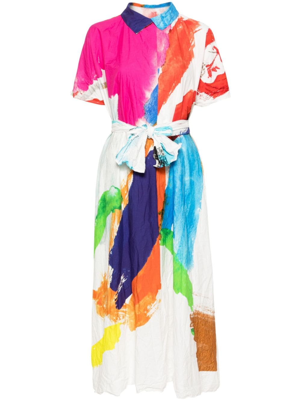 Shop Daniela Gregis Abstract Print Cotton Dress With Detachable Waist Belt And V-neck In Multicolour