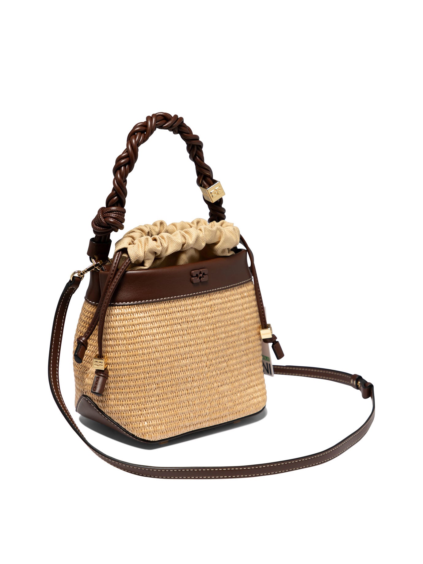 Shop Ganni "bou Raffia" Bucket Handbag In Brown