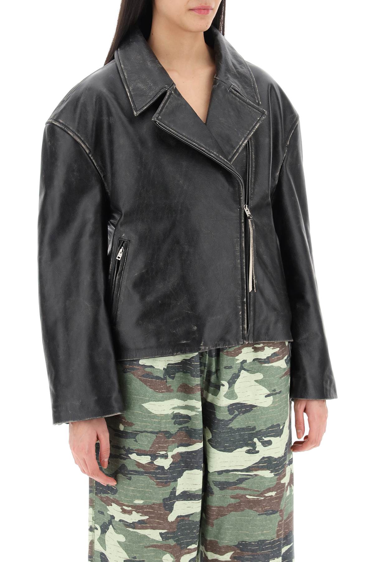 Shop Acne Studios Distressed Leather Biker Jacket With Mirrored Lapels For Women In Black