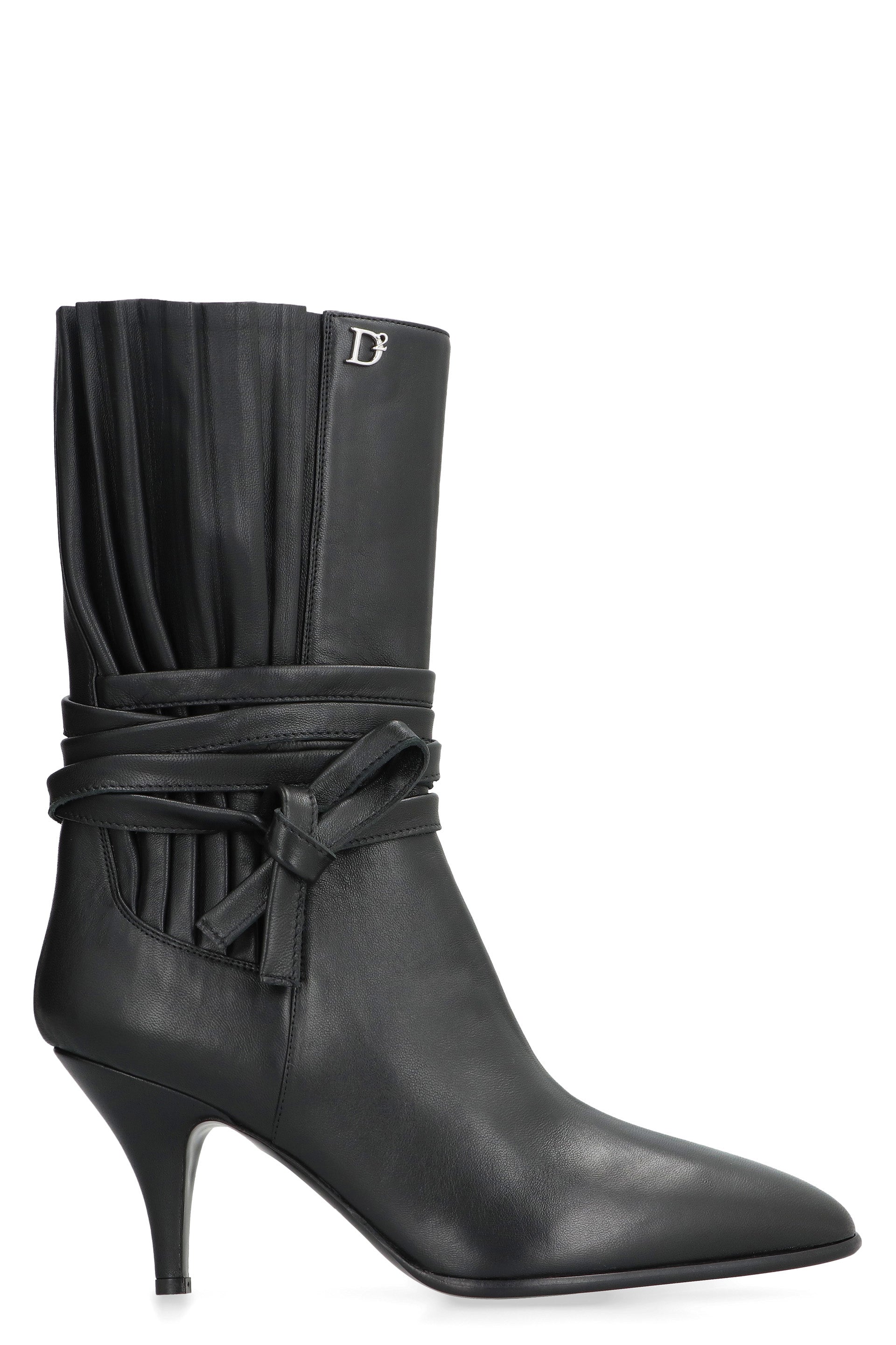 Dsquared2 Black Leather Ankle Boots With Pleated Insert, Lace Up Ankle Tie And Stiletto Heel For Women