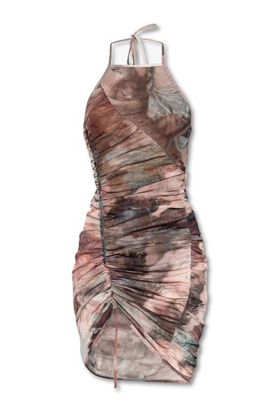 Shop Balmain Sleeveless Pastel Tulle Dress With Asymmetric Drawstring And Halter Neck In Multicolor