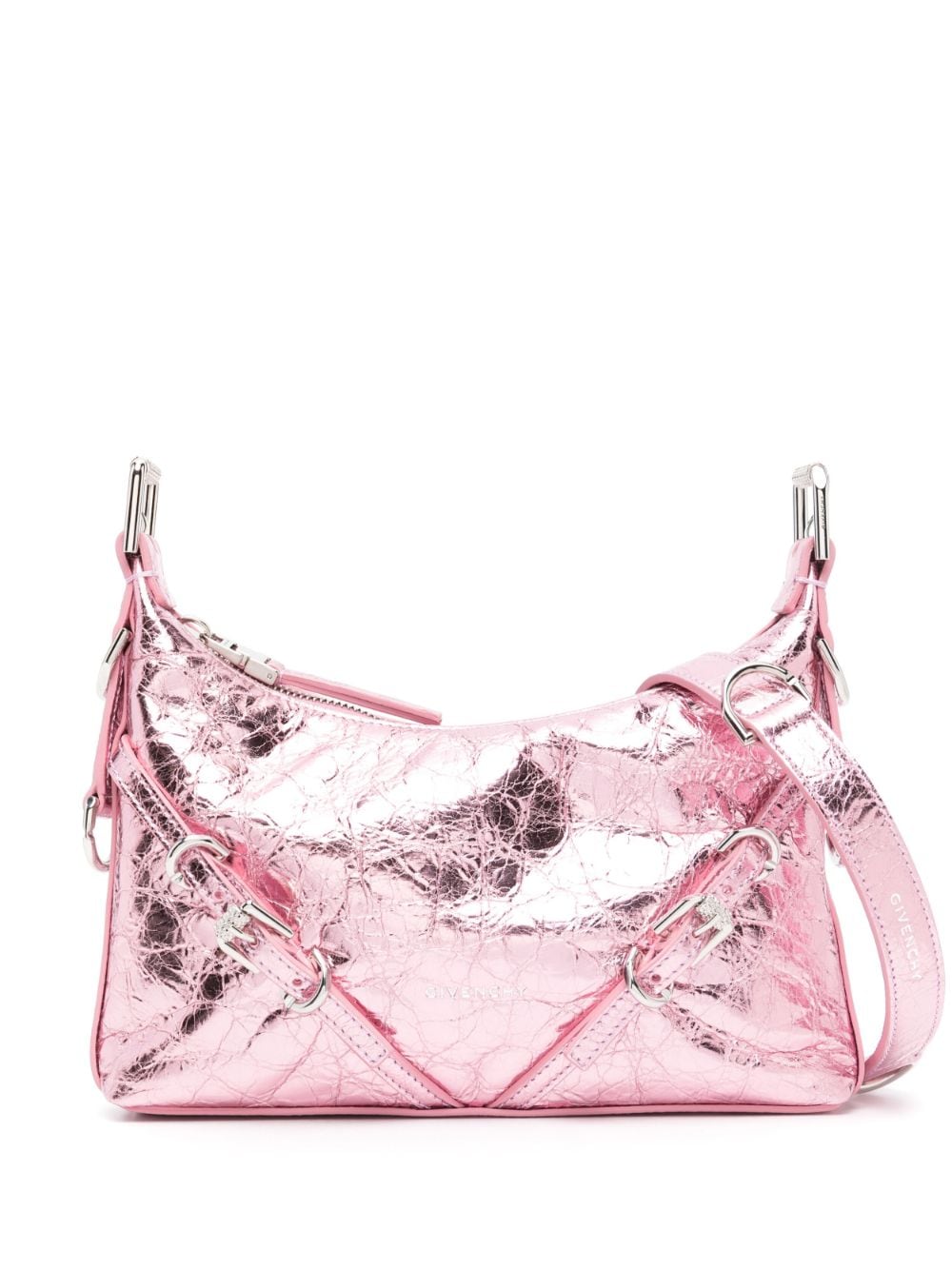 Shop Givenchy Voyou Mini Laminated Leather Shoulder Handbag In Pink