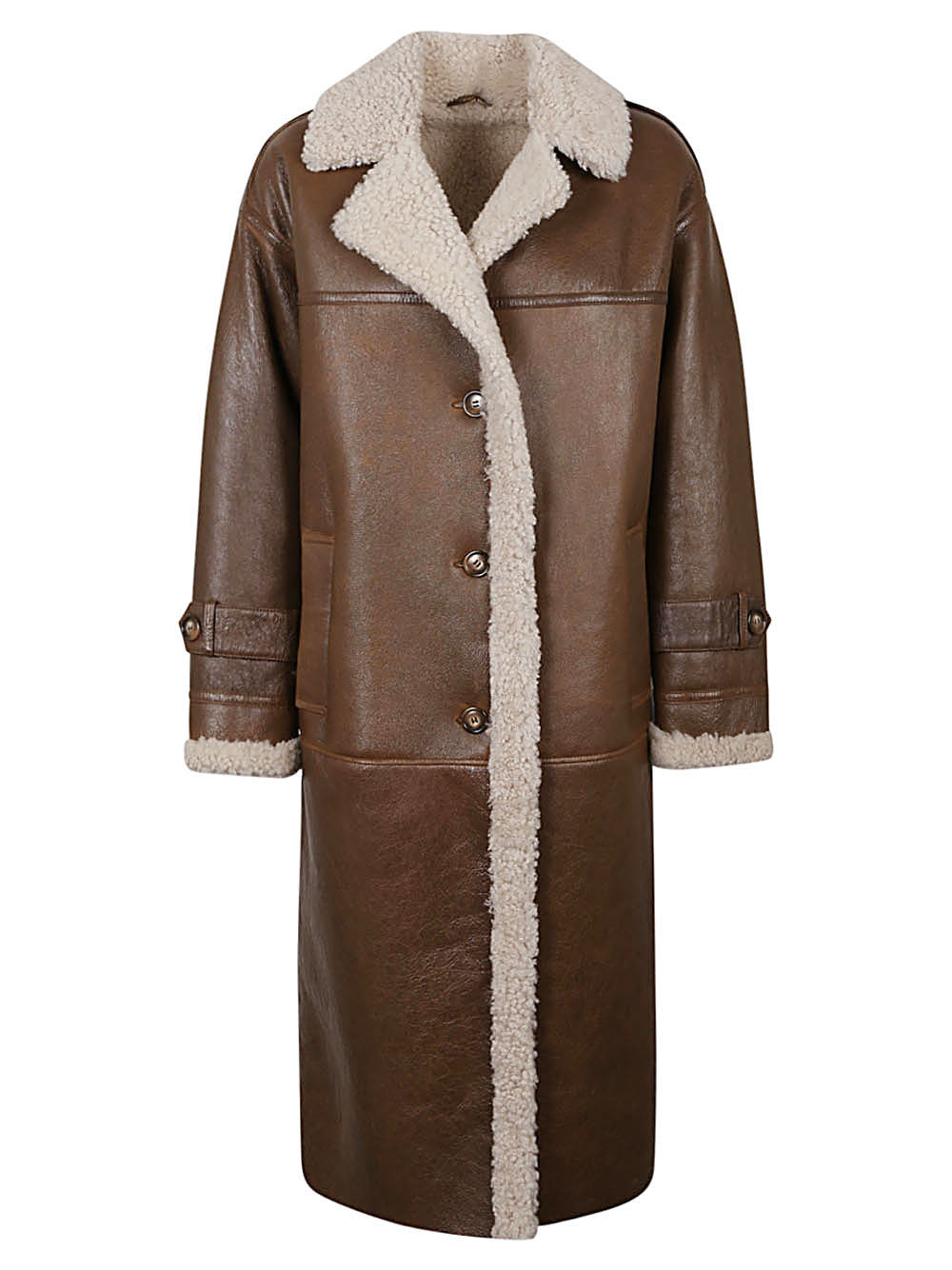 Shop Enes Camel Shearling Long Jacket With V-neck And Decorative Buttons