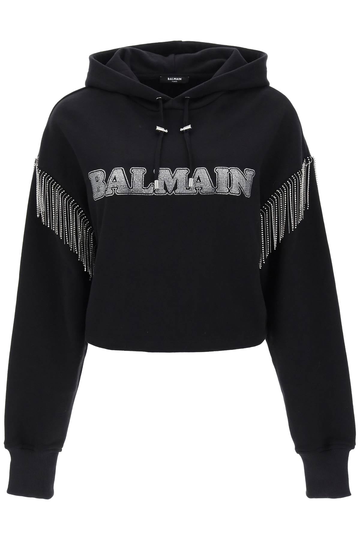 Shop Balmain Rhinstone-studded Cropped Hoodie With Crystal Cupchains In Black