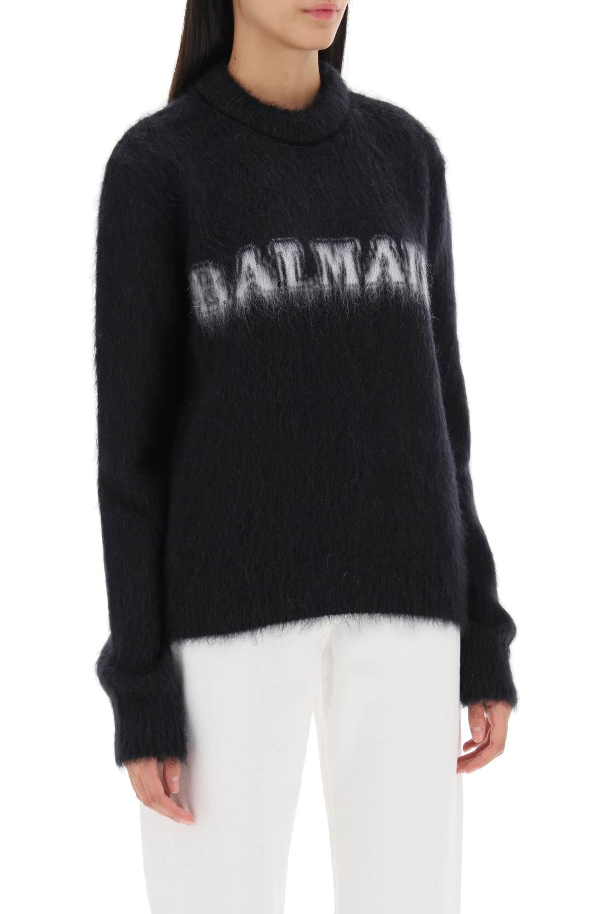 Shop Balmain Brushed-yarn Sweater With Jacquard Logo Lettering In Multicolor