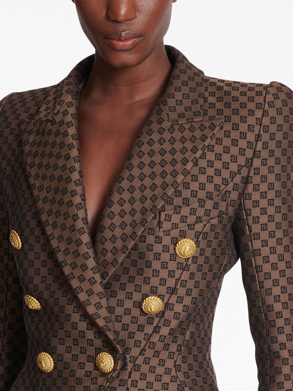 Shop Balmain Monogram Jacquard Double-breasted Blazer For Women In Brown