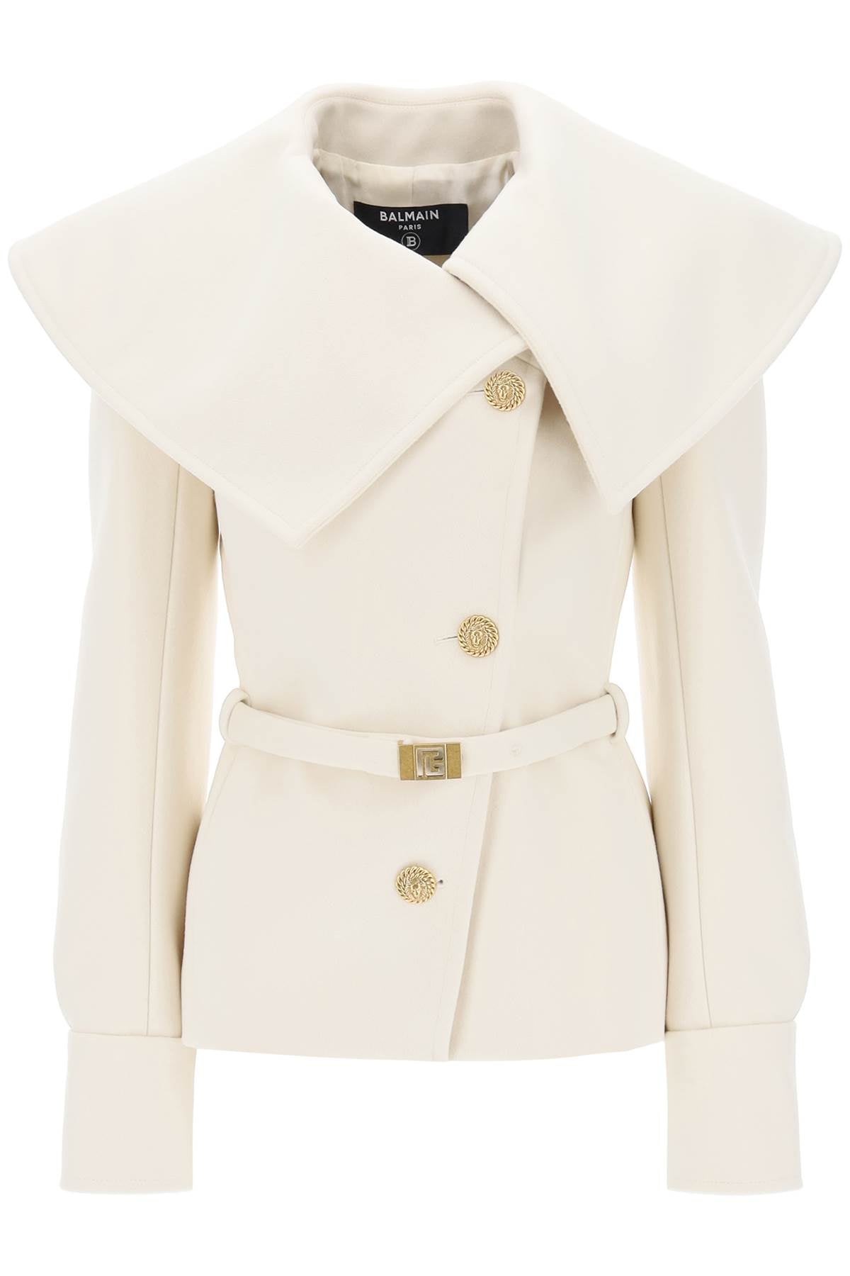 Shop Balmain Fitted White Women's Peacoat With Oversized Collar And Monogram-buckled Belt