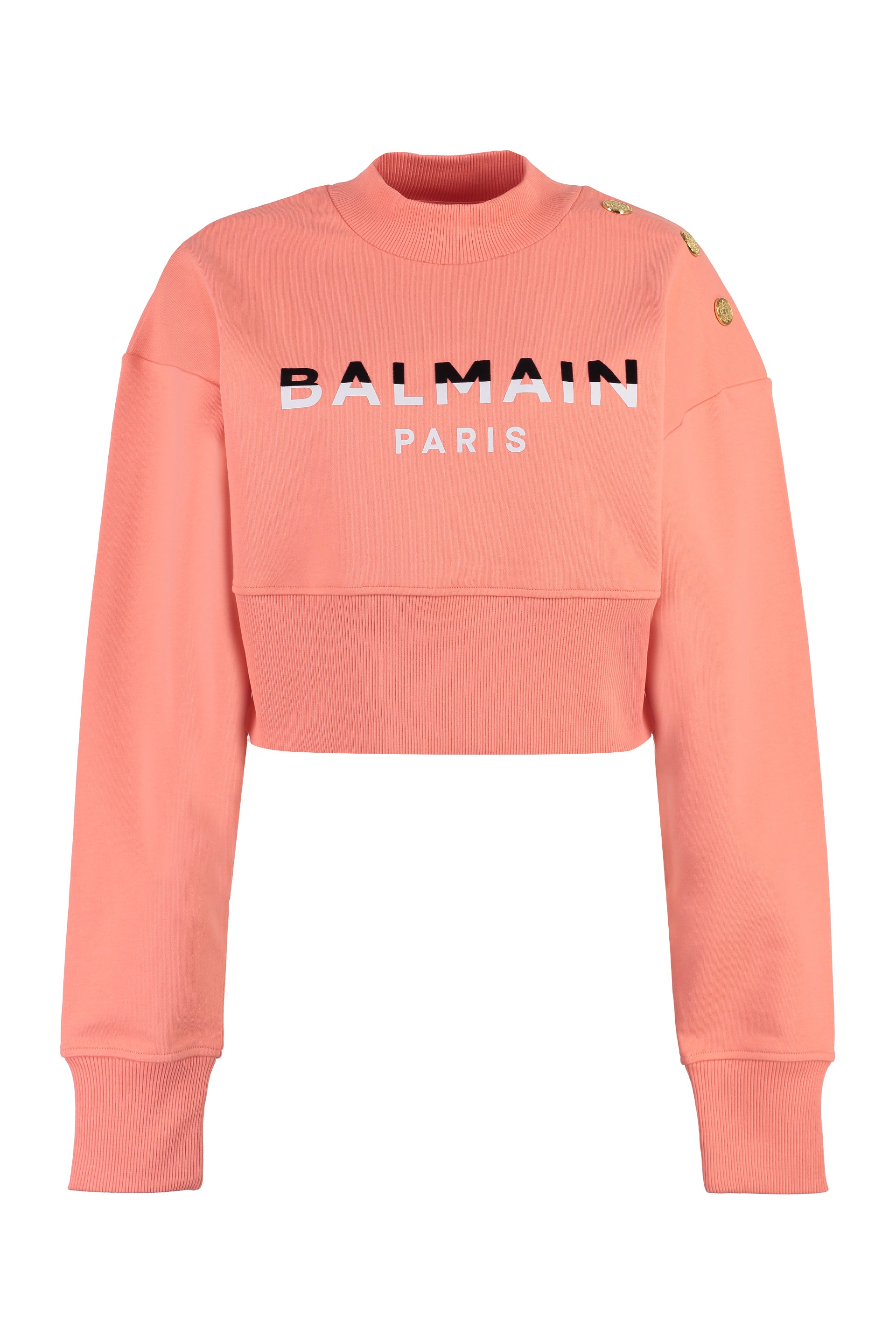 Shop Balmain Cropped Coral Velvet Sweatshirt With Embellished Buttons