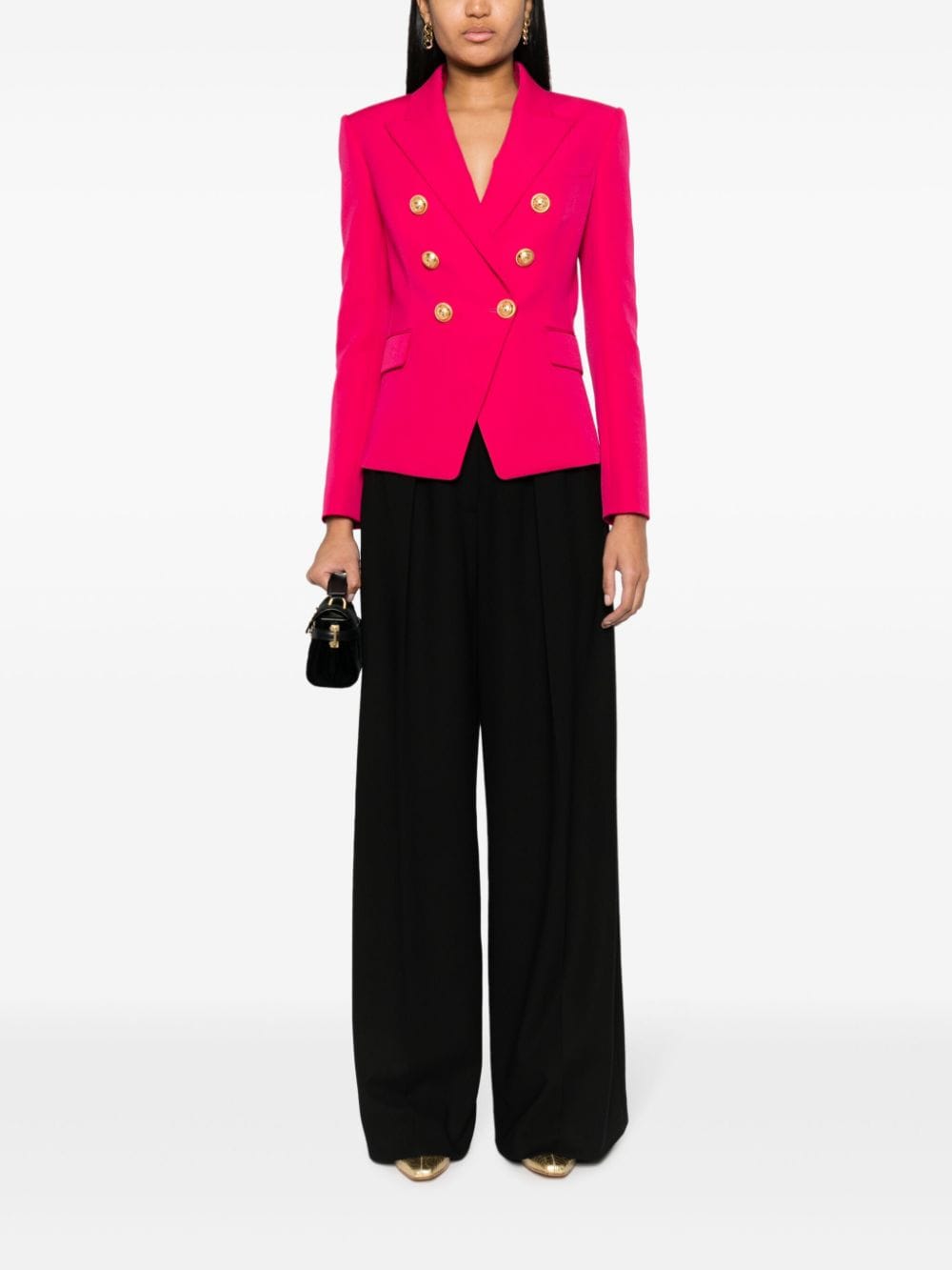 Shop Balmain Fuchsia Pink Double-breasted Wool Blazer For Women Ss24 In Black
