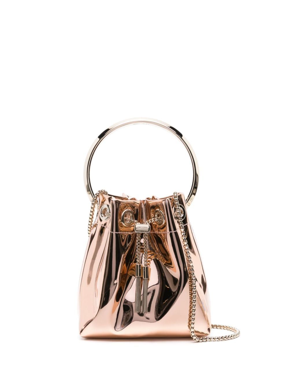 Jimmy Choo Pink Gold Mirror Effect Handbag With Metal Handle And Chain Strap