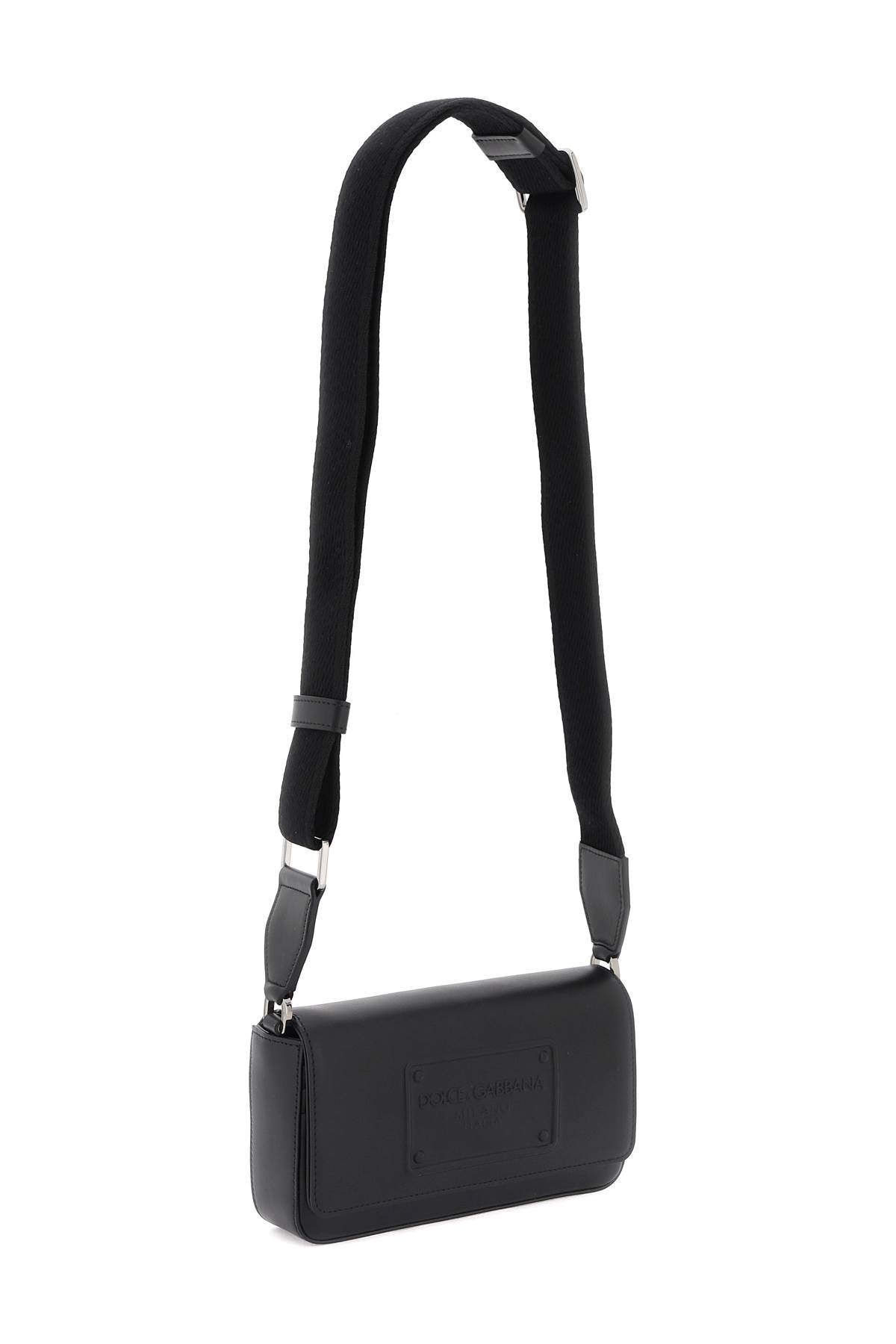 Shop Dolce & Gabbana Mini Black Calfskin Crossbody Handbag With Logo Embossing And Detachable Strap, 11x19x4cm