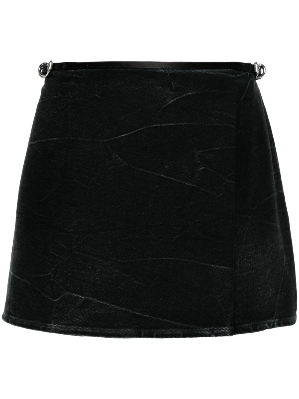 Givenchy Black Denim Wrap Mini Skirt With Belted Waist And Crinkled Finish