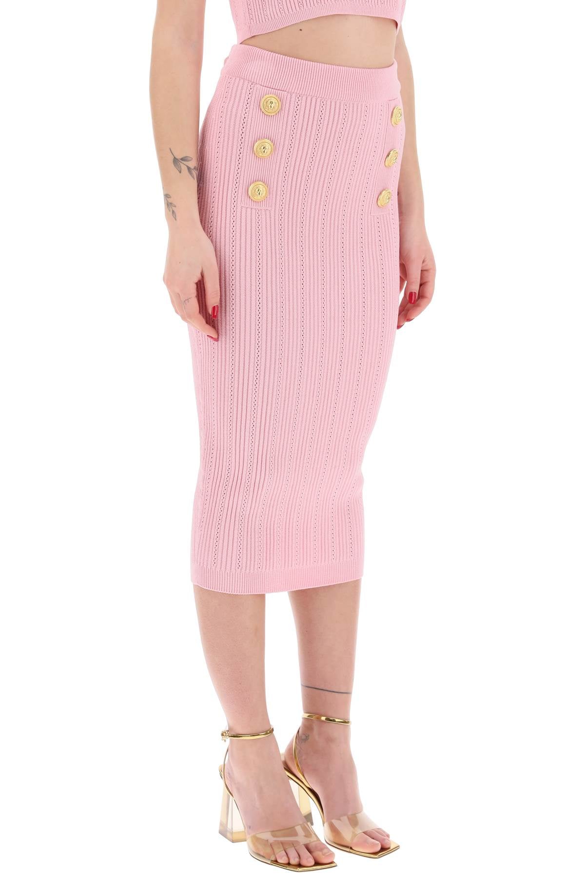 Shop Balmain Feminine Embossed Knit Midi Skirt In Pink For Ss24 In Black