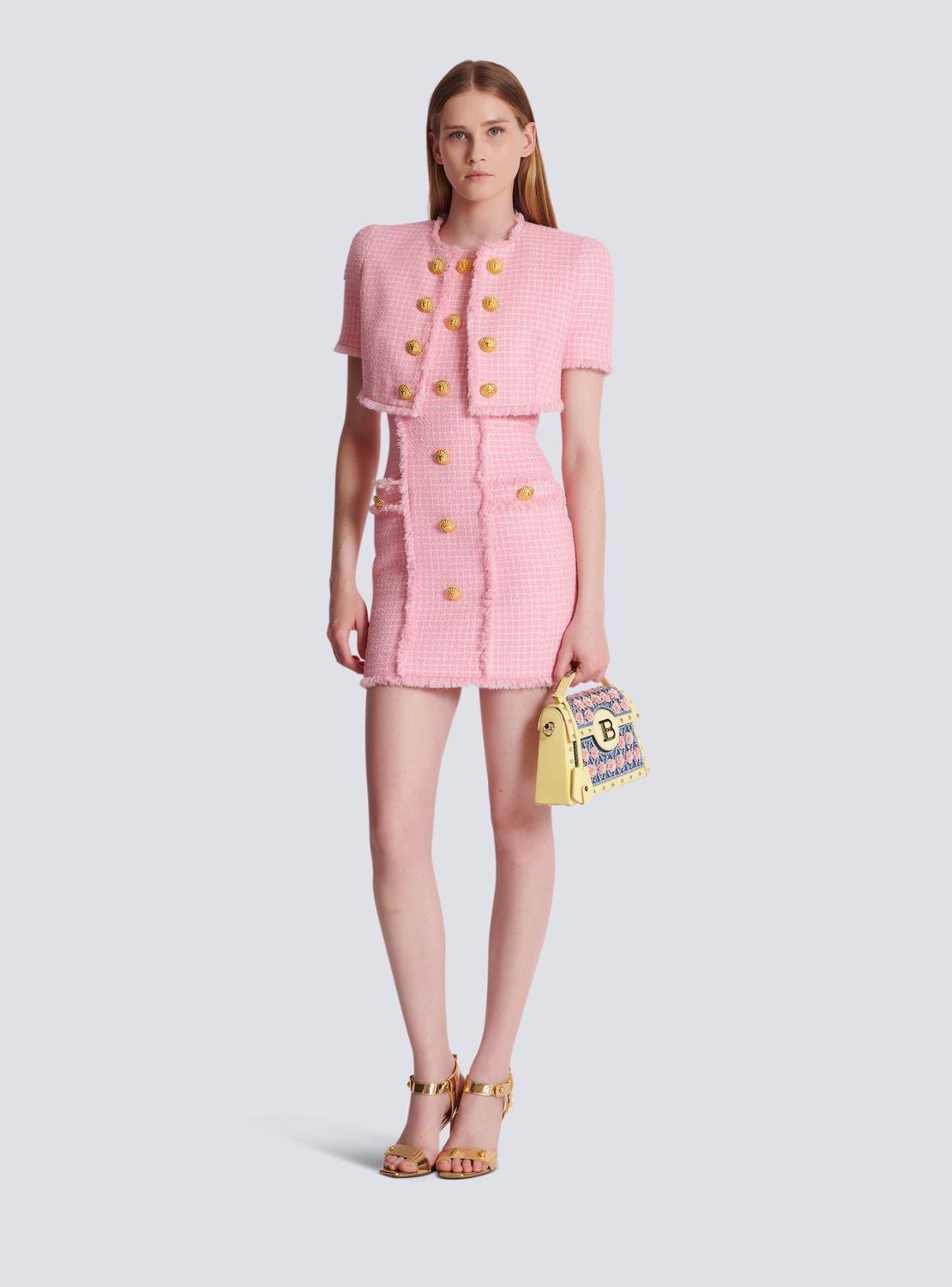 Shop Balmain Feminine Rose Tweed Mini Dress For Ss24 In Pink
