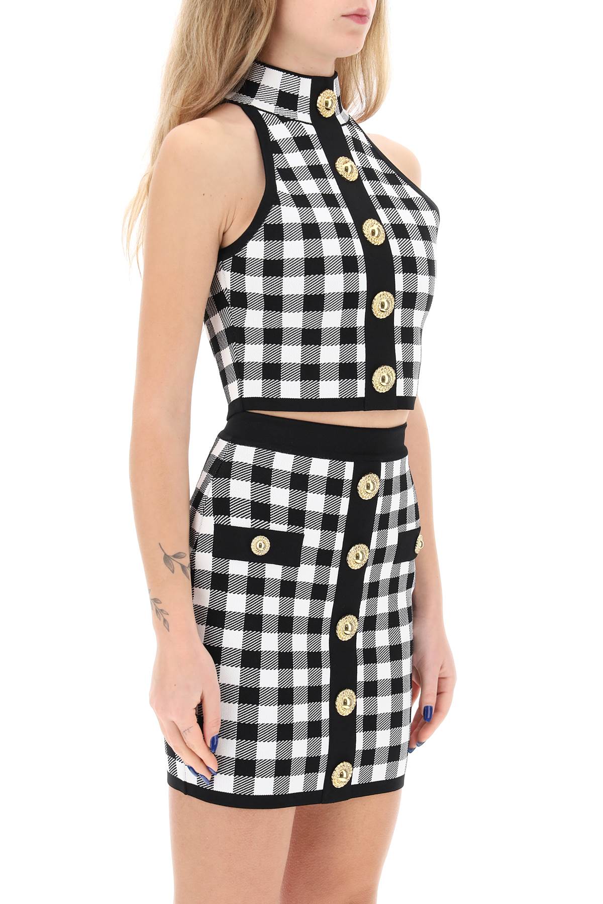 Shop Balmain Feminine Gingham Cropped Top With Embossed Buttons In Multicolor