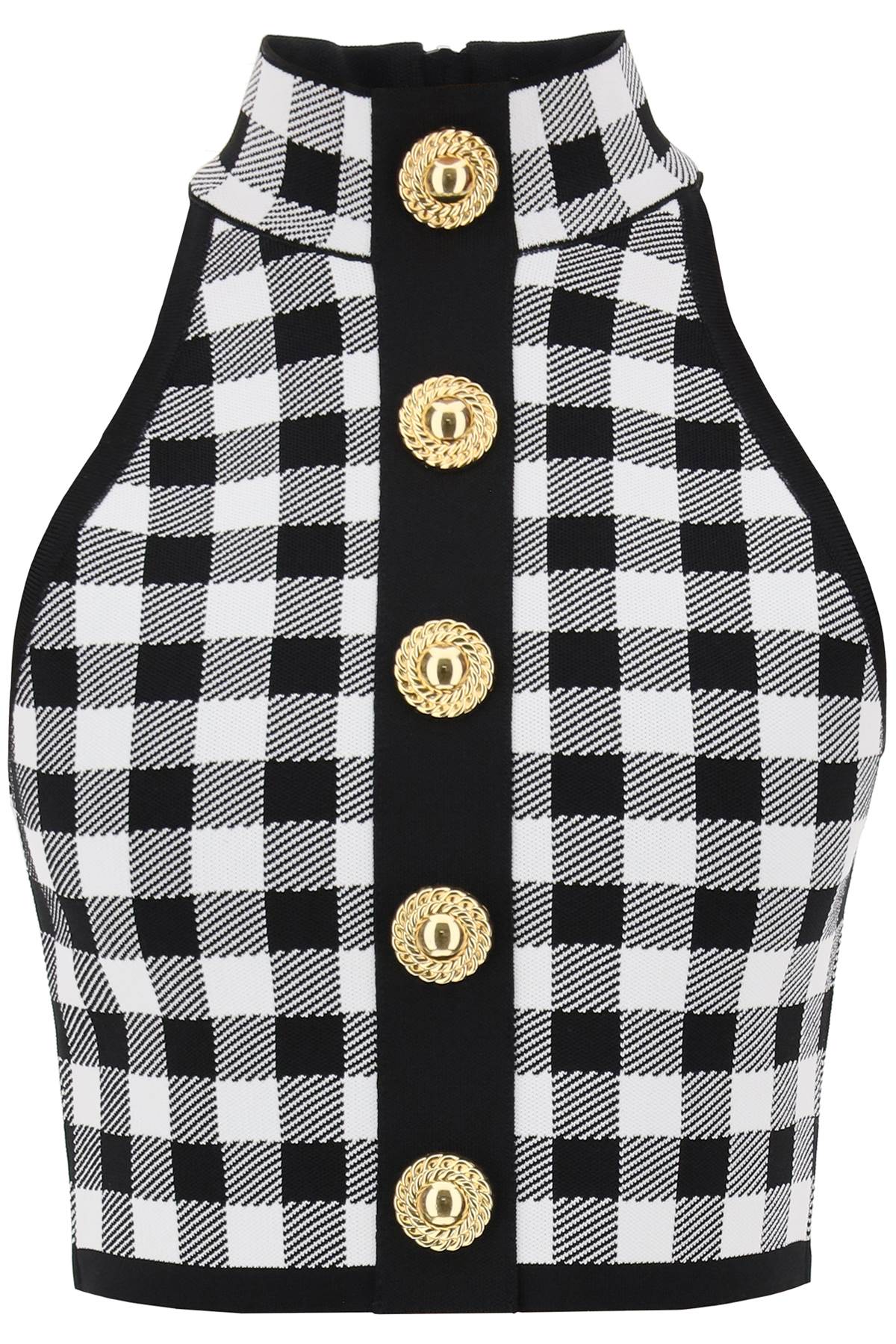 Shop Balmain Feminine Gingham Cropped Top With Embossed Buttons In Multicolor